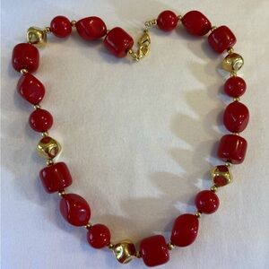 Liz Claiborne Red and Gold Tone Beaded Vintage Necklace